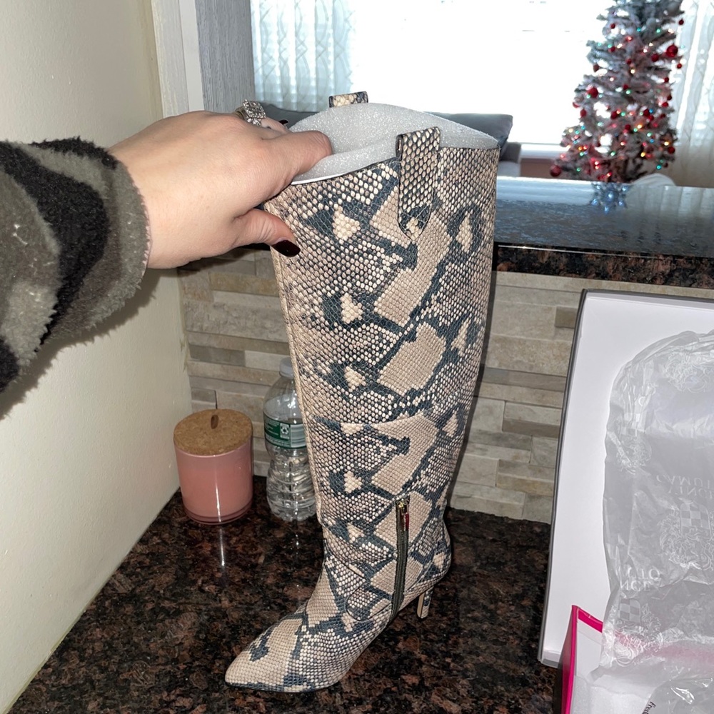 Vince Camuto snake skin knee high heel boots